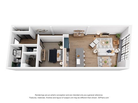 A 3D floor plan of a modern apartment with a kitchen, living room, and bedrooms.